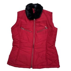New Direction Red Puffer Vest  Black Faux Fur Collar Women SP